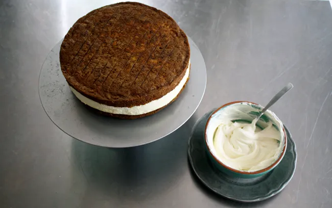 carrot cake with cheesecake layer and mascarpone cream