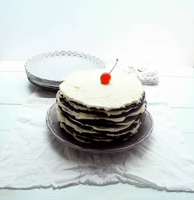 chocolate icebox cake with a cherry on top