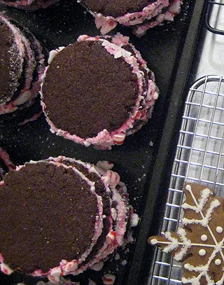 peppermint sandwich cookies rolled through crushed peppermints