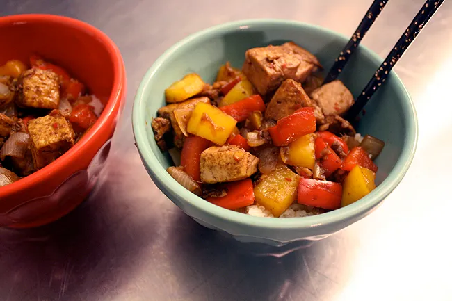 pomegranate-chile tofu over rice