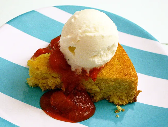 orange-cornmeal cake with strawberry-rhubarb compote and vanilla fro yo