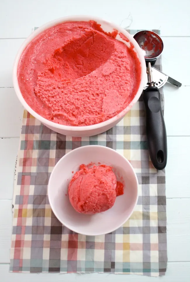a scoop of strawberry lemon sorbet