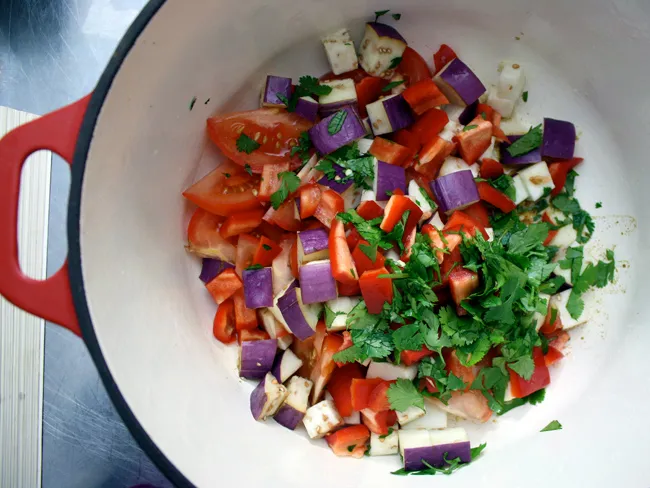 tomatoes, pepper, eggplant, and herbs