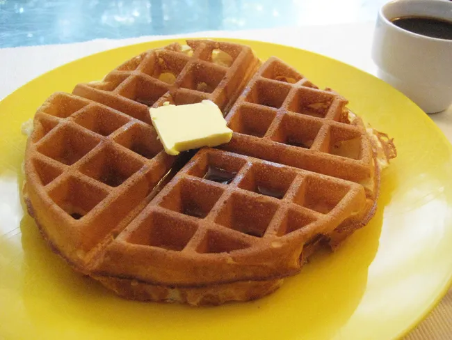 waffle with butter and maple syrup (and coffee!)